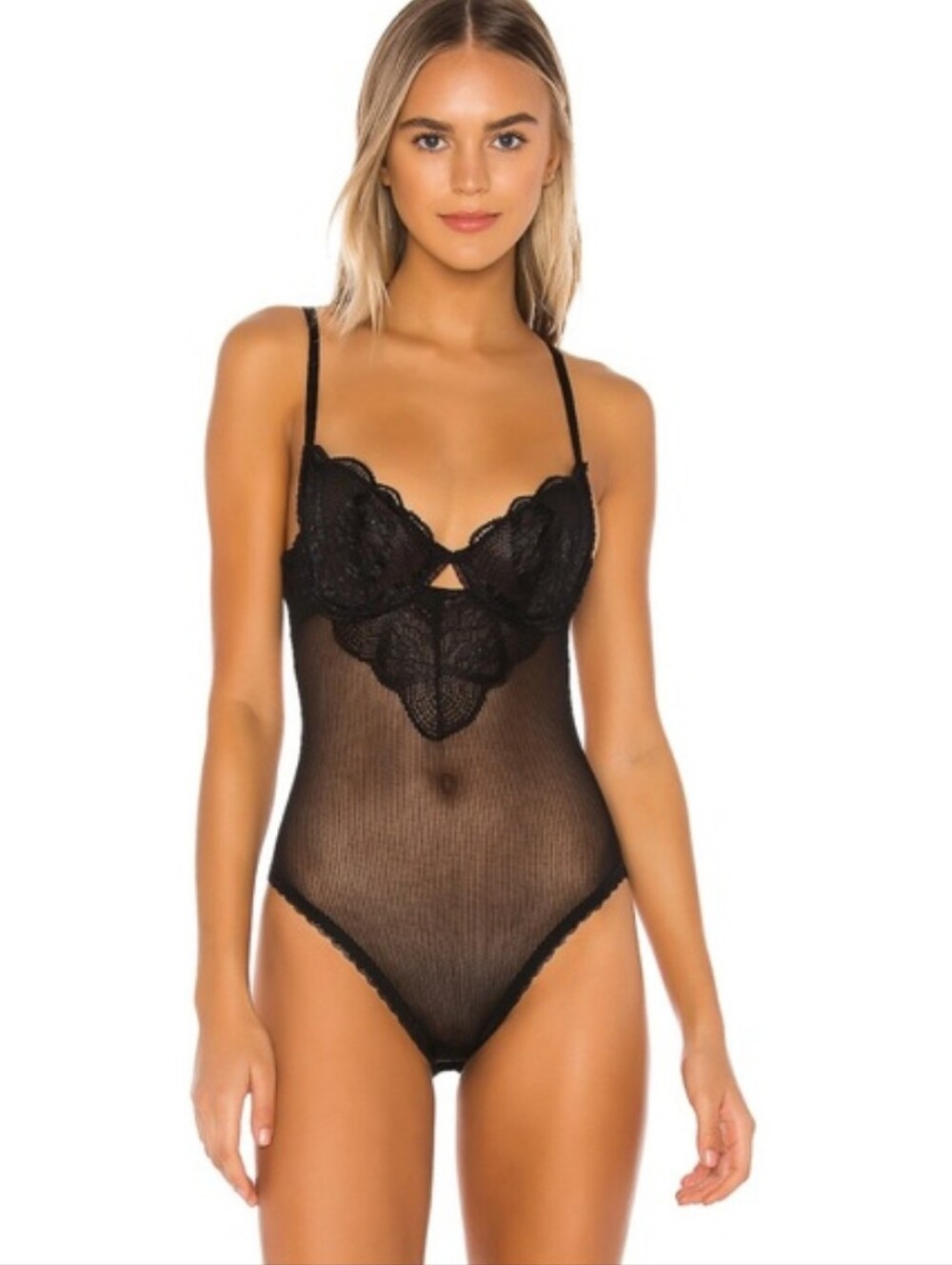 Kat The Label Zephyr Open Weave & Lace Bodysuit Black Size M